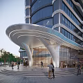Modern High Rise Office Building With Glass Facade And Urban Street View