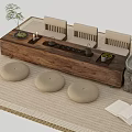 Rustic Wooden Tea Table and Chairs with Woven Cushions Tea Set and Potted Plant