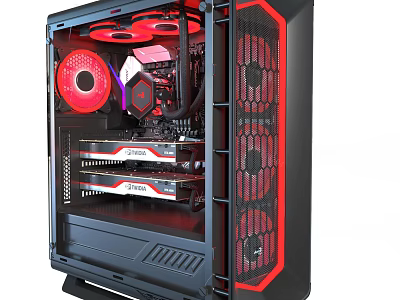 Red Gaming PC Case With Transparent Side Panel RGB Fans And Internal Components 3d model