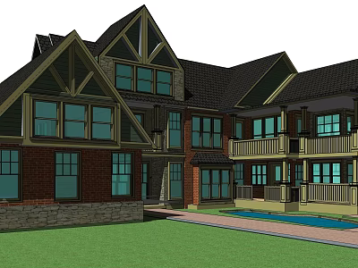 Modern Detached Villa Exterior With Red Brick Walls Black Roof And Swimming Pool 3d model