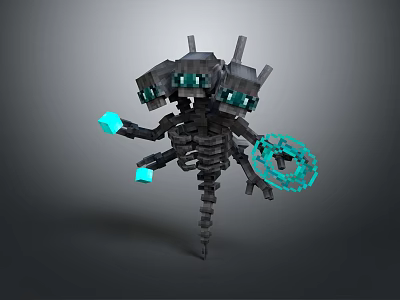 Minecraft Style Multi Headed Creature Character With Glowing Eyes Blue Cubes And Ring Structure 3d model