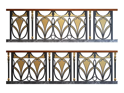Ornate Metal Railings With Golden Decorative Patterns And Wooden Top Design 3d model