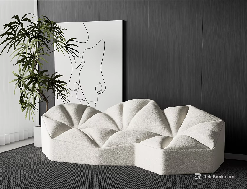 Abstract Shape White Sofa In Modern Living Room With Green Plant And Dark Wall 3d model 