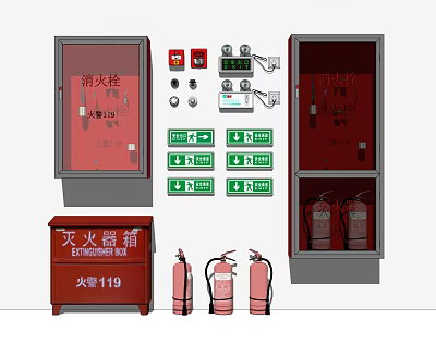 Fire Fighting Equipment With Hydrant Cabinets Extinguishers And Emergency Exit Signs 3d model