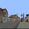 Colorful Commercial Street With European Style Buildings Street Lamps And Outdoor Seating Areas