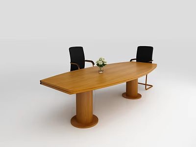 Wooden Oval Shaped Conference Table With Cylindrical Legs Vase And Black Office Chairs 3d model