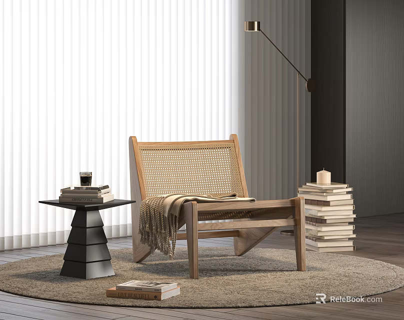 Wooden Frame Wicker Lounge Chair With Side Table Stacked Books Floor Lamp And Window Blinds 3d model 