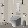 Modern White Toilet With Glass Shower White Towel Black Rack And Trash Bin In Bathroom