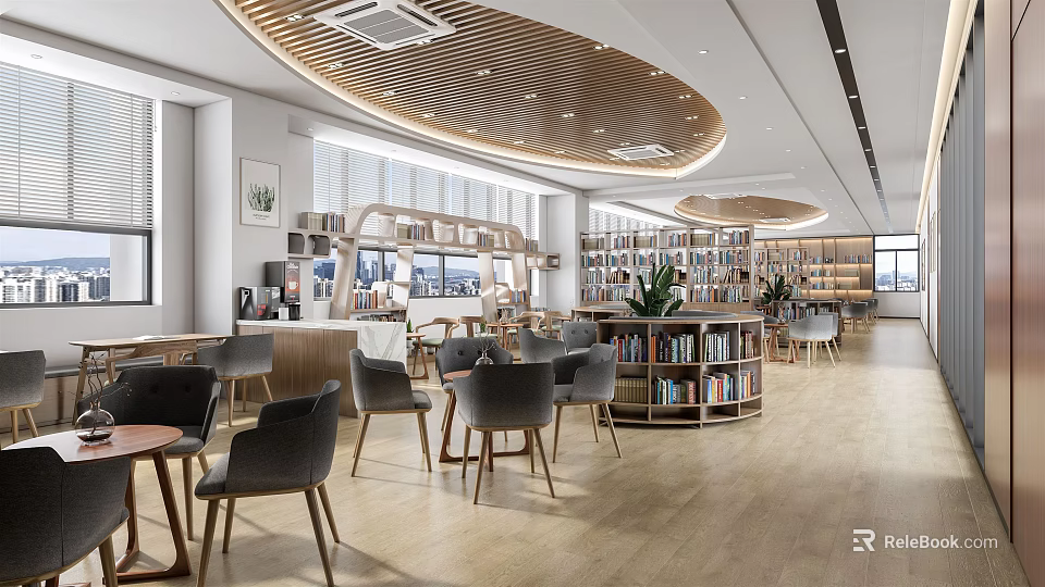 Book Art Interior Design With Bookshelves Reading Tables Chairs And Wooden Ceiling 3d model 