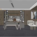 Modern Office Interior With Wooden Bookshelves Desk Chair Area Rug And Wall Art