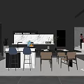 Modern Restaurant With Black Cabinets White Marble Island Blue Brown Chairs And Recessed Lighting