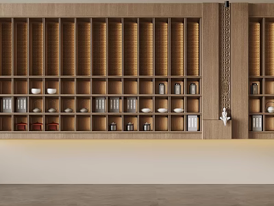 Wooden Shelf With Multiple Compartments Holding Bowls Books And Decorative Items 3d model