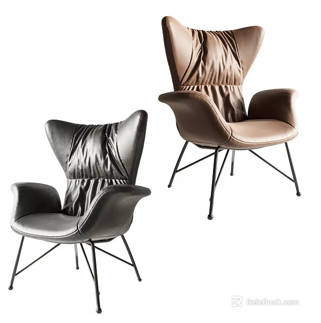 Gray And Brown Leather Accent Chairs With Modern Pleated Details And Black Metal Legs 3d model 
