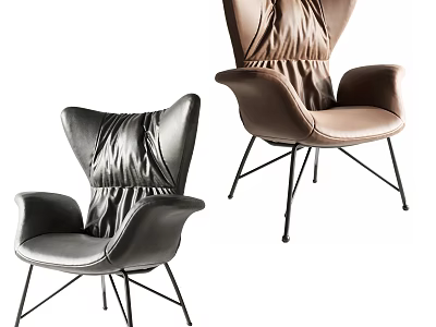 Gray And Brown Leather Accent Chairs With Modern Pleated Details And Black Metal Legs 3d model