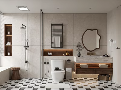 Modern Bathroom Interior With Shower Toilet Vanity Mirror And Black White Patterned Floor 3d model