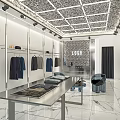 Modern Clothing Store With White Shelves Hanging Clothes Metal Table Folded Apparel And Marble Floor