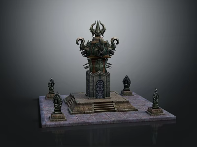 Mystical Ancient Carved Altar With Stone Platform Steps And Surrounding Statues 3d model