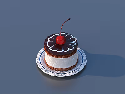 Delicious Chocolate Decorated Cake with Cherry on Patterned Plate and Cream Layer 3d model