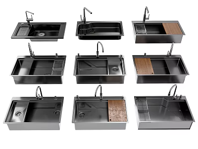 Various Styles of Modern Kitchen Sinks with Faucet Drainer and Cutting Board 3d model