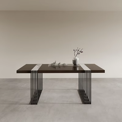 Simple Modern Tea Table and Chairs with Wooden Top Metal Legs White Vase Floral Decor 3d model