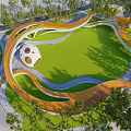 Park Landscape with Curved Orange Structures Green Lawn White Dome Trees and Winding Paths