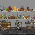 Kitchen Appliance Moka Pot With Transparent Bottle Coffee Beans Bag Black Cups And Green Leaves