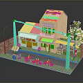 Miniature Street Scene Model With Two Story Building Orange Roof Single Story Awning Brick Wall Street Lamp Red Tables And Chairs