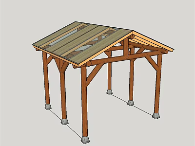 Wooden Pavilion Structure In Garden Landscape With Support Columns And Roof Design 3d model