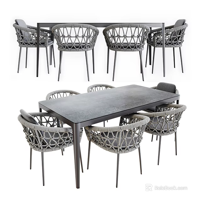 Modern Dining Table Set With Woven Chairs Dark Tabletop And Metal Legs 3d model 