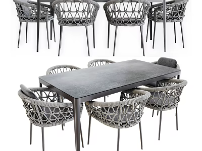Modern Dining Table Set With Woven Chairs Dark Tabletop And Metal Legs 3d model