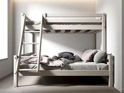 Modern Wooden Bunk Bed With Ladder And Cozy Pillows On Lower Bunk 3d model