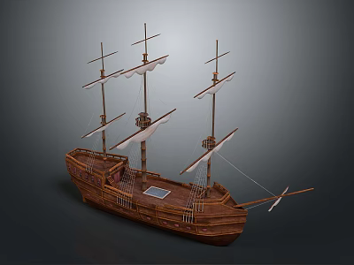 Wooden Sailing Ship Model With Multiple Masts And White Sails As Water Transportation 3d model