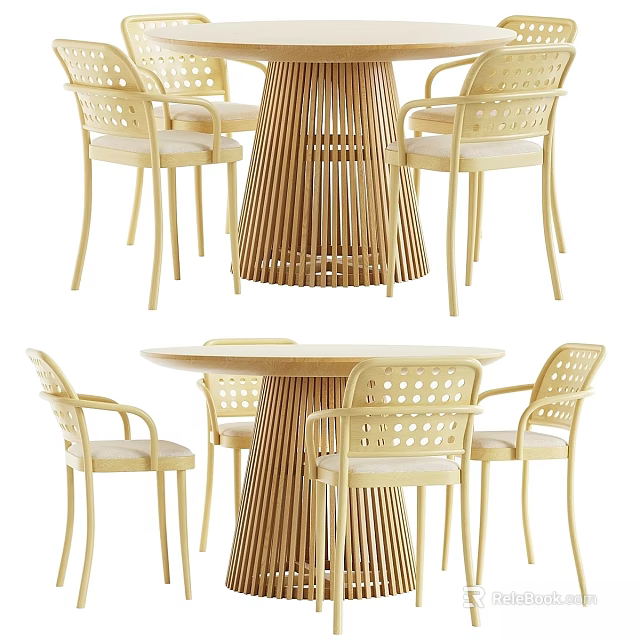 Wooden Dining Table and Chair Set with Carved Backrests Slatted Pedestal Base in Contemporary Design 3d model 