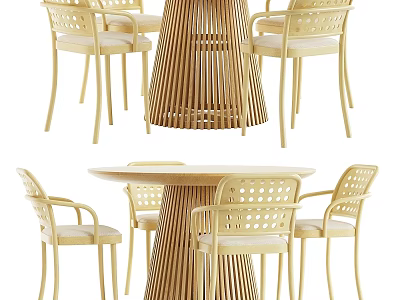 Wooden Dining Table and Chair Set with Carved Backrests Slatted Pedestal Base in Contemporary Design 3d model