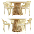 Wooden Dining Table and Chair Set with Carved Backrests Slatted Pedestal Base in Contemporary Design