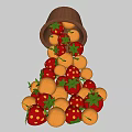 Garden Decor Featuring Brown Bucket Spilling Strawberries Oranges And Green Leaves