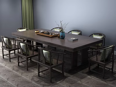 Traditional Chinese Wooden Tea Table And Chairs With Tea Set And Vase In Room Interior 3d model