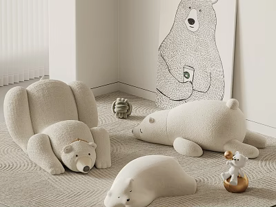 Cream Colored Bear Shaped Cozy Bean Bag Chairs On Rug With Bear Wall Art 3d model