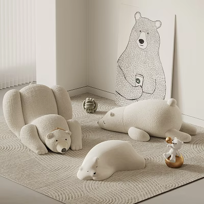 Cream Colored Bear Shaped Cozy Bean Bag Chairs On Rug With Bear Wall Art 3d model