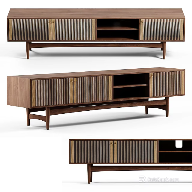 Modern Walnut TV Stand With Woven Doors Open Shelves And Slim Legs 3d model 