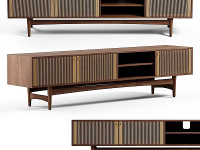 Modern Walnut TV Stand With Woven Doors Open Shelves And Slim Legs 3d model