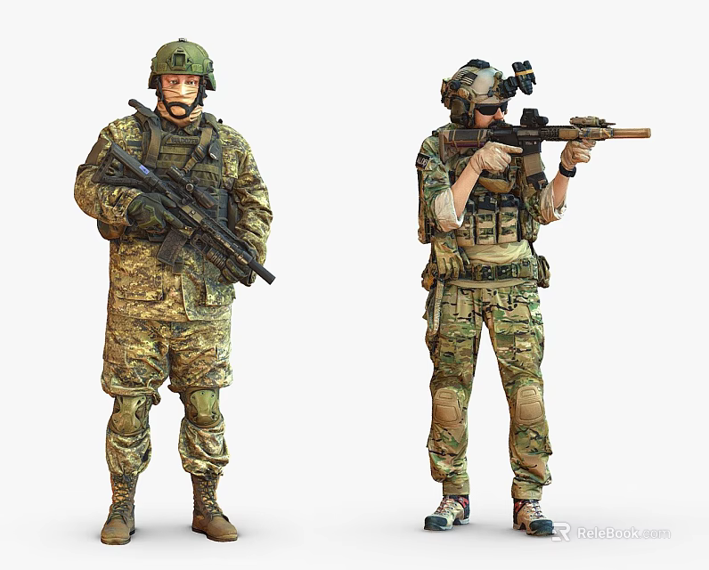 Two Military Soldiers In Camouflage Uniforms With Tactical Gear Holding Rifles And Aiming 3d model 
