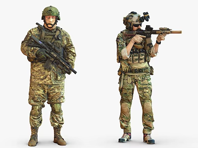 Two Military Soldiers In Camouflage Uniforms With Tactical Gear Holding Rifles And Aiming 3d model