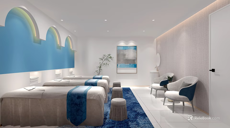 SPA Sauna Interior With Massage Beds Blue Rug Artwork And Comfortable Chairs 3d model 