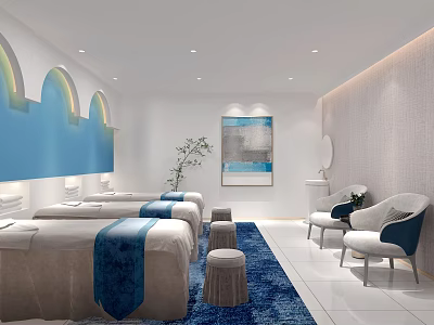 SPA Sauna Interior With Massage Beds Blue Rug Artwork And Comfortable Chairs 3d model