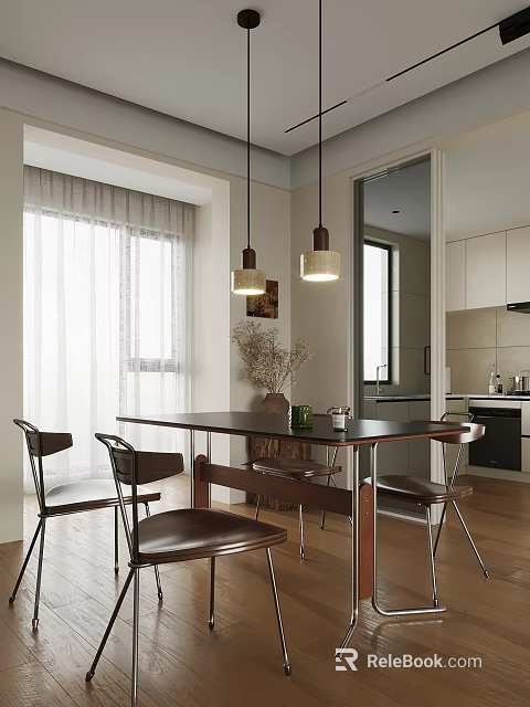 Modern Open Dining Kitchen Interior With Wooden Table Chairs Pendant Lights And Curtains 3d model 