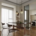 Modern Open Dining Kitchen Interior With Wooden Table Chairs Pendant Lights And Curtains