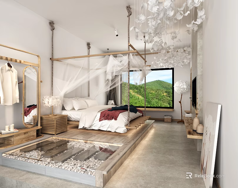 Serene Hotel Guest Room With White Canopy Bed Green Mountain View And Transparent Chandeliers 3d model 