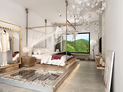 Serene Hotel Guest Room With White Canopy Bed Green Mountain View And Transparent Chandeliers 3d model