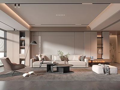 Modern Living Room Interior With Beige Sofa Coffee Table Armchair And Green Plants 3d model